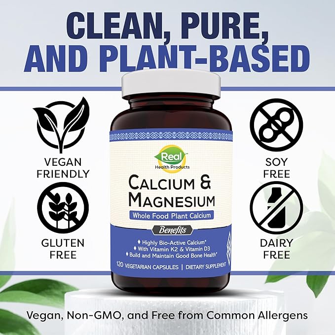 Plant Calcium &amp Magnesium Supplement with Boron Vitamin D3 &amp K2 MK-7 - Optimal Calcium-Magnesium Ratio for Bone Strength and Health Vegan Non-GMO Allergen-Free 120 Capsules