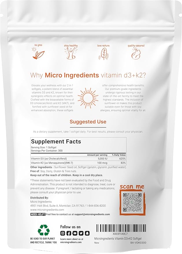 Micro Ingredients Vitamin D3 5000iu + K2 100mcg Softgels &amp Multi Collagen Protein Powder Bundle 2 Pack | Essential Sunshine Vitamins | Grass-Fed Collagen Peptides