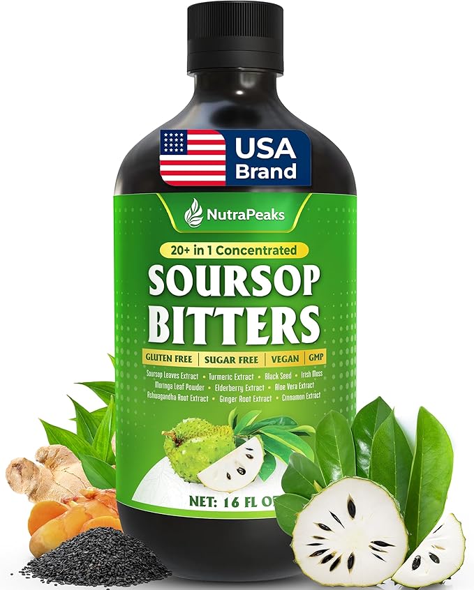 Soursop Bitters Liquid – Herbal Detox Formula with Soursop Turmeric Moringa &amp Black Seed by NutraPeaks – Supports Immune Health &amp Digestive Balance – 16 fl oz