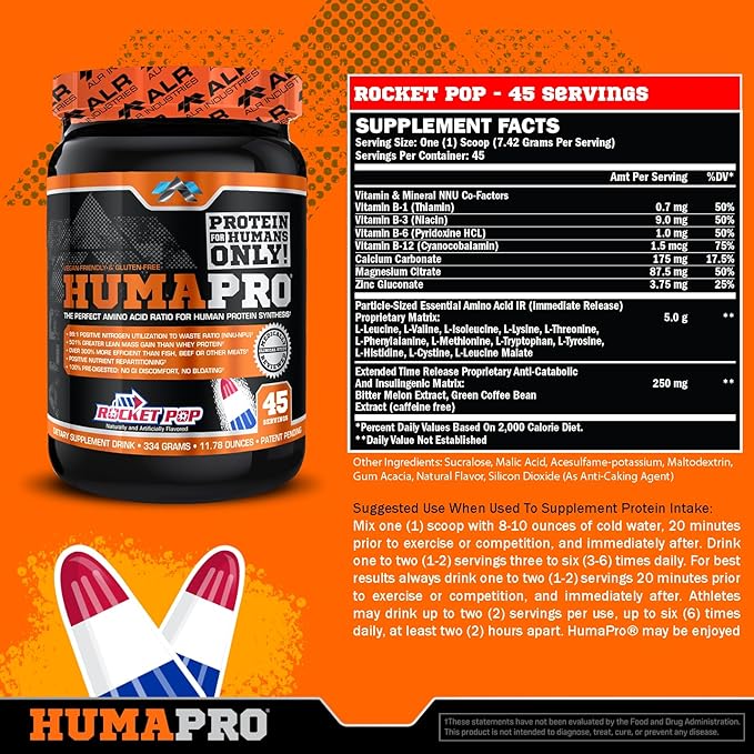 Humapro | Amino Acids Protein Matrix for Humans | 99% Utilization for Lean Muscle | Vegan Gluten Free | 334g / 45 Servings (Rocket Pop)