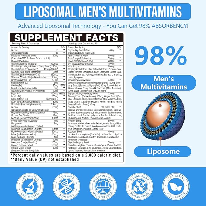 2 Pack Overall 4500MG+ Liposomal Men's Multivitamin 60-IN-1 Gummy300B Probiotics Algal DHA CoQ10Turmeric &amp Herbal Blends120+ Nutrientsfor Immune EnergyProstateHeart and Digestive Wellness