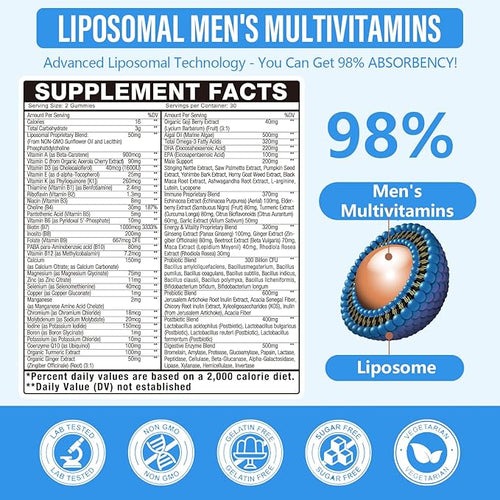2 Pack Overall 4500MG+ Liposomal Men's Multivitamin 60-IN-1 Gummy300B Probiotics Algal DHA CoQ10Turmeric &amp Herbal Blends120+ Nutrientsfor Immune EnergyProstateHeart and Digestive Wellness