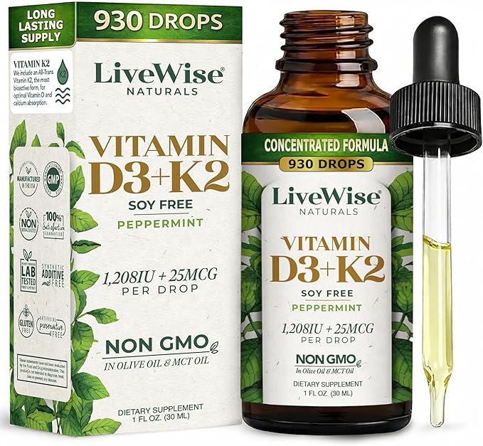 Vitamin D3 K2 (MK-7) Peppermint Drops for Adults - 930 Drops Ultra Concentrated Formulation 1208 IU Vitamin D3 25 MCG - Precision Micro-Dosing Dropper for Calcium &amp Bone Support