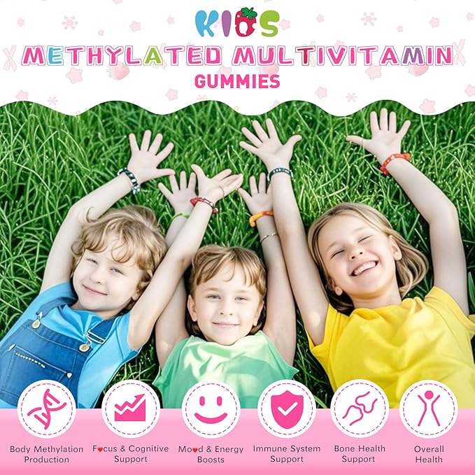 Kids Methylated Multivitamin Chewable Gummies MTHFR Supplement with L Methylfolate Magnesium Biotin Choline Inositol DHA TMG &amp Coq 10 Immune &amp Brain Support Strawberry Flavor 120 Ct
