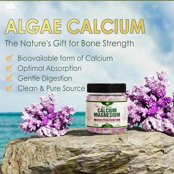 Plant Based Calcium Gummies 600mg with Vitamin D3 K2 Magnesium Zinc for Bone Strength Sugar Free Calcium Supplements for Women &amp Men (Certified Vegan) from Sustainably Organic Red Algae - 60 Co