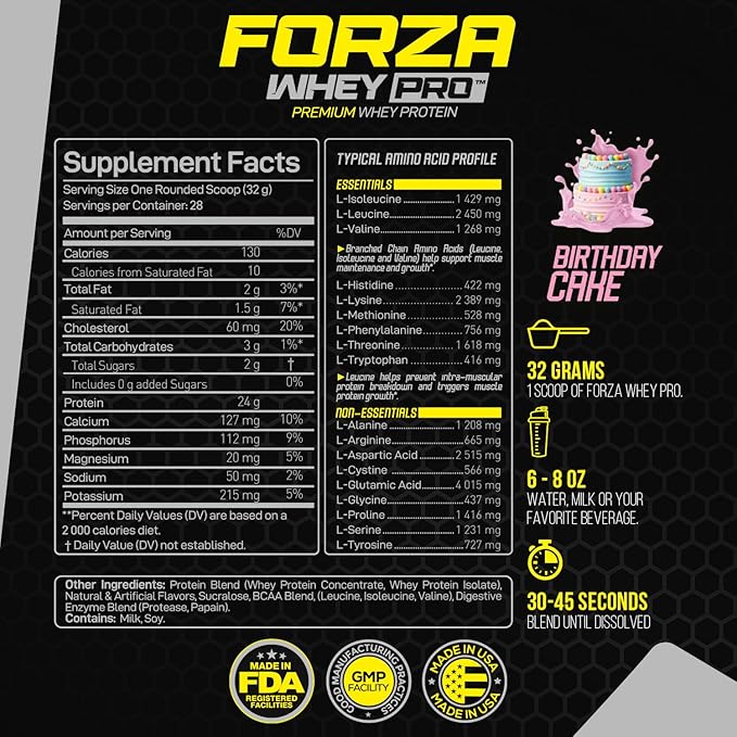 Forzagen Whey PRO Low Carb Protein Powder | 24g of Protein per Serving No Added Sugar Gluten Free Premium Whey for Shakes &amp Mixes for Men &amp Women BCAA | Birthday Cake 2 lbs. (28 Servings)