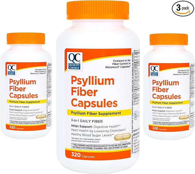 Quality Choice Psyllium Fiber Capsules 1.8 Grams of 3 in 1 Soluble Fiber per Serving for Regularity. Plant Based Value Size Convenient Daily Supply 3 Pack