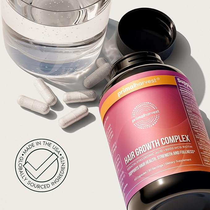 Primal Harvest Hair Growth Vitamins Hair Growth for Women &amp Men - 60 Hair Growth Pills Natural Hair Thickening Products for w/Biotin &amp Zinc - Hair Supplement Regrowth Hair Vitamins