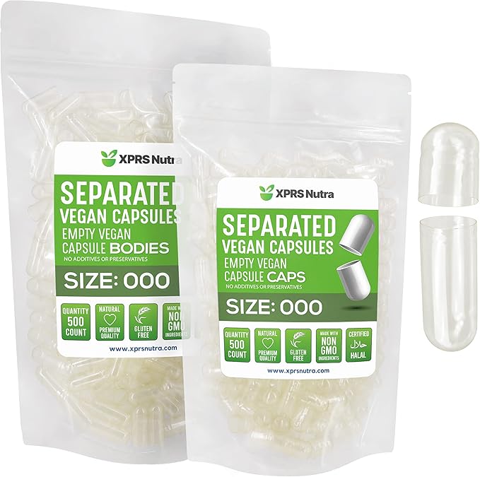 XPRS Nutra Vegan Size 000 Separated Capsules- 500 Count Premium Empty Caps Separated in Bags - Clear Empty Capsules - 000 Pills for DIY Supplement Filling