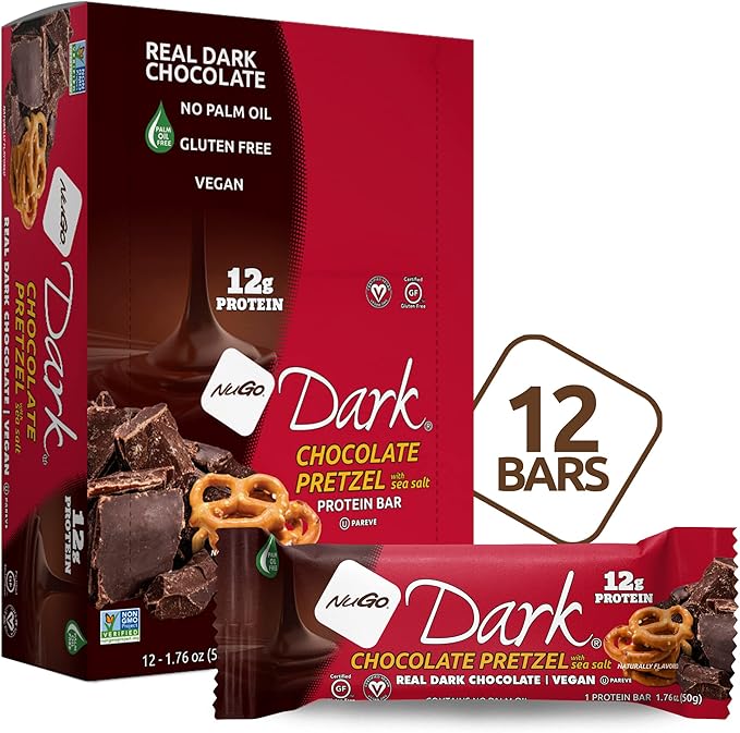 NuGo Dark Chocolate Pretzel w/SS 12g Vegan Protein Gluten Free Kosher Pareve Non-GMO 12 Count and NuGo Plant Protein Powder Chocolate 20g Protein 3g Sugar 25 Servings