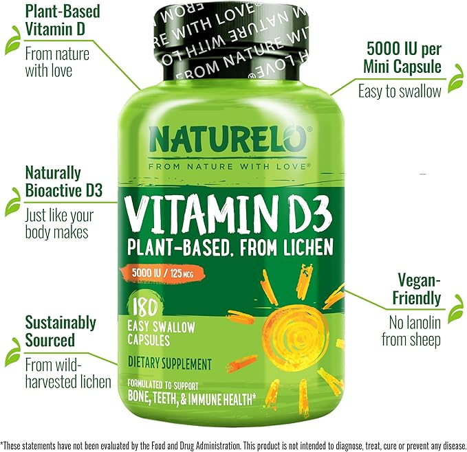NATURELO Vitamin D - 5000 IU - Plant Based from Lichen - Natural D3 Supplement for Immune System Bone Support Joint Health - High Potency - Vegan - Non-GMO - Gluten Free - 180 Capsules (Pack of 2)