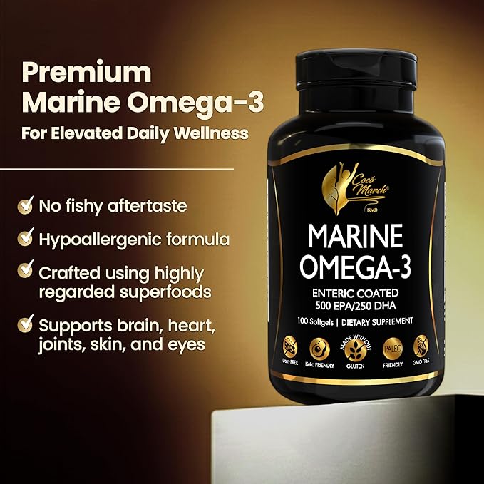 Cocó March N.M.D Marine Omega-3 Fish Oil – High Potency Omega 3 Supplement with 500 mg EPA &amp 250 mg DHA – Enteric Coated No Fishy Burps &amp Aftertaste – Omega-3 Fish Oil for Women &amp Men 3-