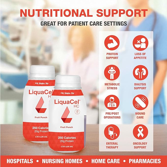 LiquaCel HC High-Calorie High-Protein Drink Fruit Punch Flavor 250 Calories &amp 20g Protein per Serving Gluten Free Kosher Suitable for Lactose Intolerance 2.75 fl oz Bottle 30ct Case