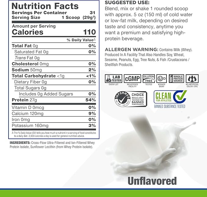 ALLMAX ISONATURAL Whey Protein Isolate Unflavored - 2 lb - 27 Grams of Protein Per Scoop - Zero Fat &amp Sugar - 99% Lactose Free - with Prebiotics - No Artificial Flavors - Approx. 31 Servings