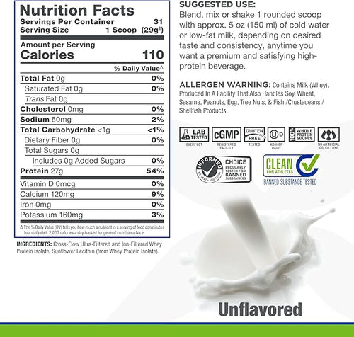 ALLMAX ISONATURAL Whey Protein Isolate Unflavored - 2 lb - 27 Grams of Protein Per Scoop - Zero Fat &amp Sugar - 99% Lactose Free - with Prebiotics - No Artificial Flavors - Approx. 31 Servings