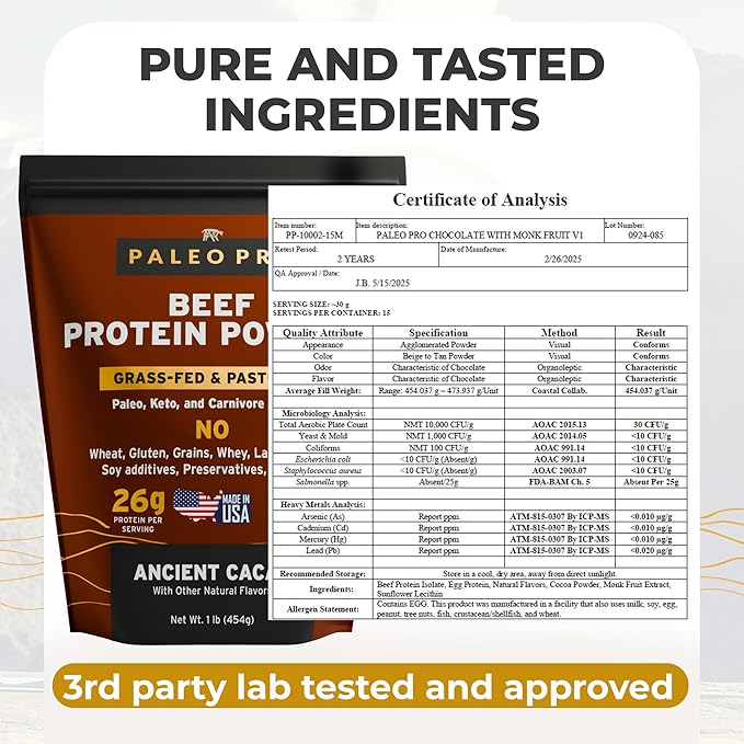Paleo Pro 26G Beef Protein Powder - Pack of 2-30 Days Supply - Grass Fed Protein Powder Isolate - Pure Animal Based Pastured | Dairy &amp Gluten Free Natural &amp Clean Proteins for Paleo &amp Ket