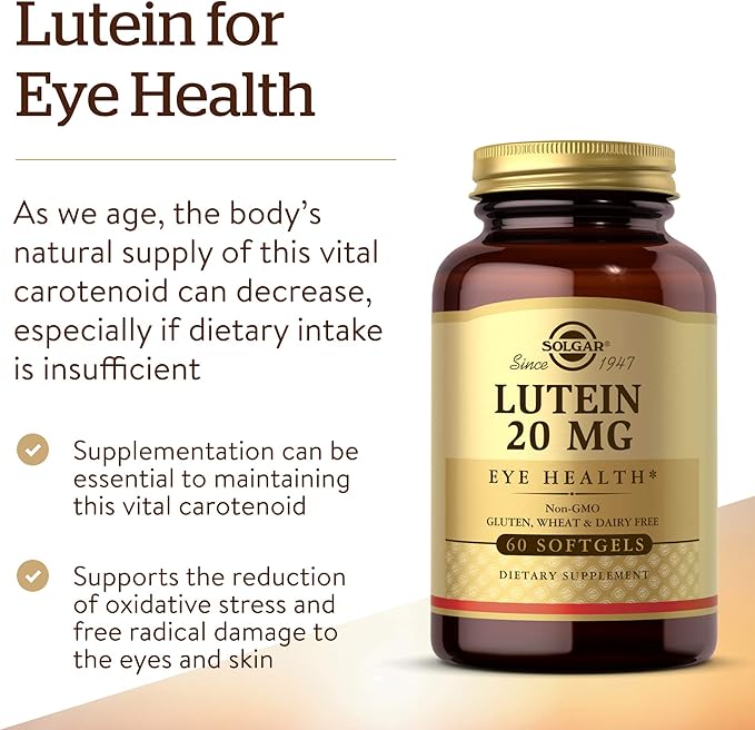 Solgar Lutein 20 mg 60 Softgels - Supports Eye Health - Helps Filter Out Blue-Light - Contains FloraGLO Lutein - Non-GMO Gluten Free Dairy Free - 60 Servings