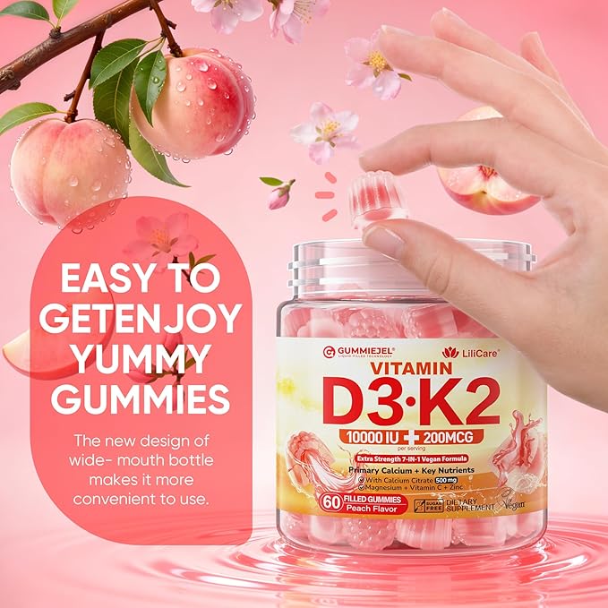 Vitamin D3 K2 Filled Gummies 5000IU / 10000 IU with 500mg Calcium + K2(MK-7) 200mcg Magnesium Vitamin C &amp Zinc Extra Strength - Ultimate Absorbency for Bones Muscles Teeth Vegan -- Pack of 2