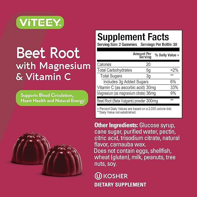 Viteey Beet Root Gummies with Magnesium &amp Vitamin C - Beetroot Supplement for Heart Health Blood Pressure Support - Vegan Gluten-Free - 120 Count