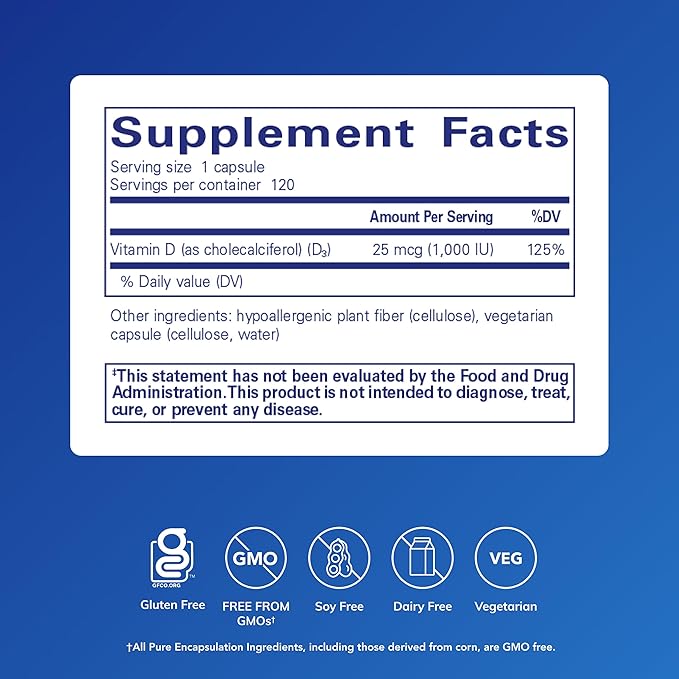 Pure Encapsulations Vitamin D3 25 mcg (1000 IU) - Supplement to Support Bone Joint Breast Heart Colon &amp Immune Health* - with Premium Vitamin D - 120 Capsules