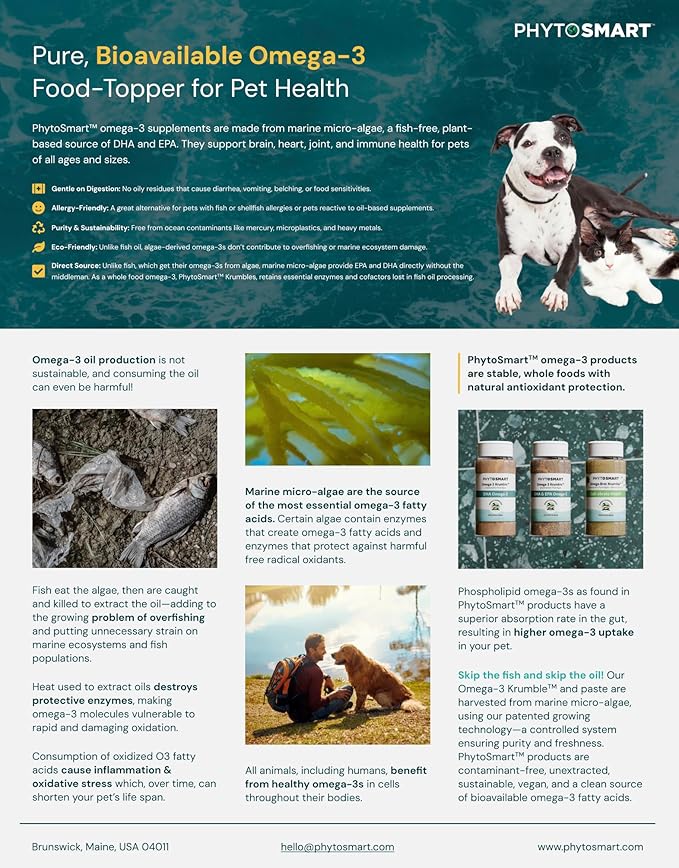 Omega-3 Krumble DHA for Pets in 100 Gram Shaker Top Jar. Pure Un-extracted Marine Micro-Algae Provides Pets Complete Whole Food derived Essential Fatty Acids for Total Body Support.