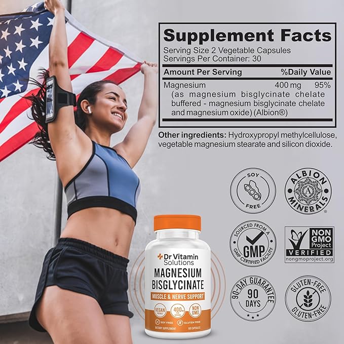 Magnesium Glycinate 400mg (Buffered Magnesium Bisglycinate Chelate) | Albion® Chelated Magnesium for Muscle &amp Nerve Support + Calm | High Absorption Gentle on Stomach (1 Bottle 60 Capsules)