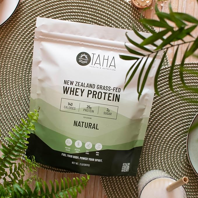 Taha Health &amp Nutrition Natural Unflavored Whey Protein Concentrate Powder 25g Protein 140 Calories 2g Sugar | New Zealand Grass-Fed Free-Range Dairy | Gluten and Soy Free Keto Kosher | 2LB
