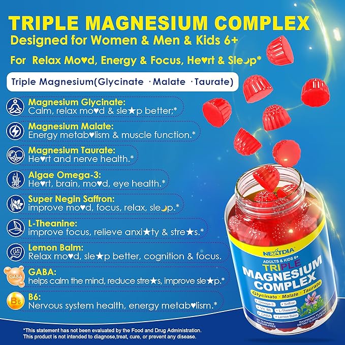 Magnesium Glycinate Gummies + Omega-3 Saffron for Kids 6+ &amp Adults Kids Focus Calm Magnesium Gummies Sugar Free Triple Magnesium Complex 500mg/250mg - Glycinate Malate Taurate Theanine