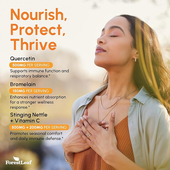 ForestLeaf Quercetin with Bromelain - 1350mg Blend with Vitamin C &amp Stinging Nettle Advanced Quercetin 500mg Supplement Non-GMO Gluten Free Natural Immune &amp Respiratory Function 180 Veggie