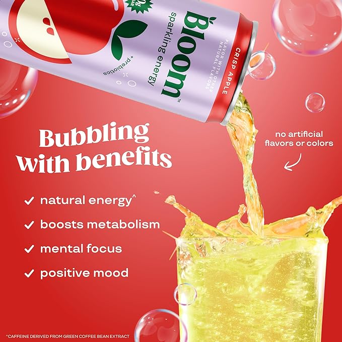 Bloom Nutrition Sparkling Energy Drink - Natural Caffeine Zero Sugar 180mg Caffeine - Antioxidant-Rich with Green Coffee Bean Green Tea Extract Prebiotics - Crisp Apple - 12oz 12 Pack