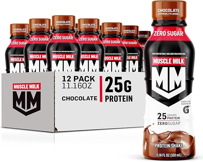 Muscle Milk Genuine Protein Shake Chocolate 25g Protein 11.16 Fl Oz (Pack of 12) &amp Zero Protein Shake Chocolate20g Protein Zero Sugar 100 Calories Calcium Vitamins A C &amp D