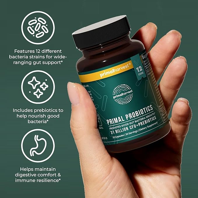 Primal Harvest Probiotics for Women &amp Men Daily Probiotic Supplement with 12 Strains for Gut &amp Digestive Health 30 Capsules