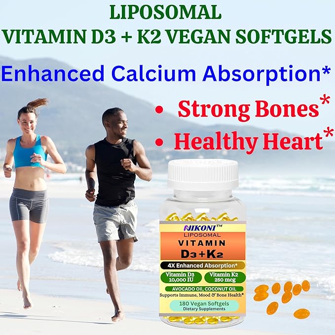 Nikoni Liposomal Vitamin D3 10000 IU Vitamin K2 (MK-7) 250 mcg Infused with Coconut &amp Avacado Oil Easy to Swallow Supports Calcium Absorption Bone Health 180 Vegan Softgels