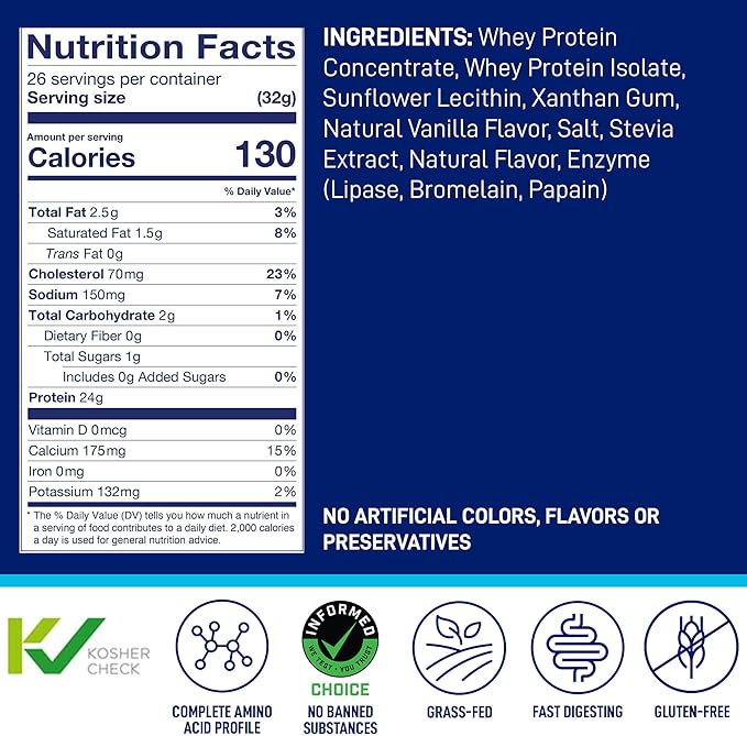 LeanFit WHEY Protein Natural Vanilla – 100% Whey Protein Powder 24g Protein Per Serving – Grass-Fed Gluten-Free Low Carb BCAAs Amino Acid – 23 Servings 1.83 Pound Tub