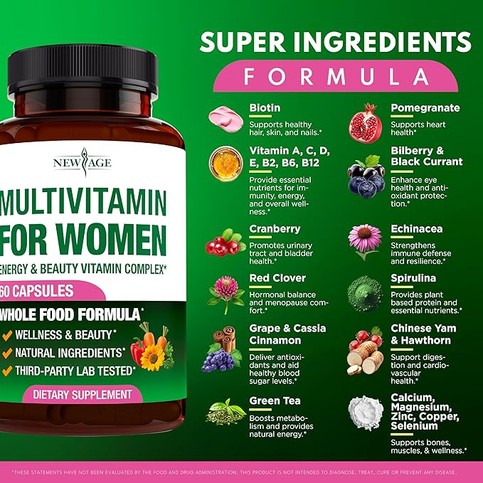 NEW AGE Multivitamin for Women - B-Complex Whole Foods Hair Support Iron - All in1 Womens Multivitamin - Bioavailable &amp Gentle on Stomach - Made in USA - 120 Count