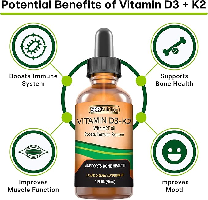 SBR Nutrition D3+K2 and B12 Bundle Vitamin D3K2 (MK7) Liquid Drops Peppermint 1oz | Vitamin B-12 3000mcg Liquid Drops 2oz | for Adults &amp Kids | Non-GMO Gluten Free