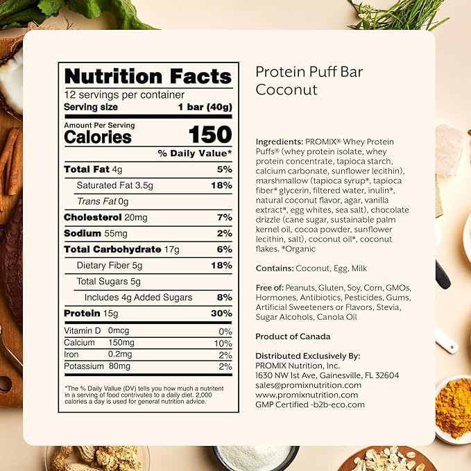 ProMix Nutrition Protein Puff Bars - Coconut - Marshmallow Crispy Treat - Great Tasting &amp Healthy On The Go Snack - High Protein &amp Low Calorie - Free From Gluten Soy &amp Corn - 12 Bars