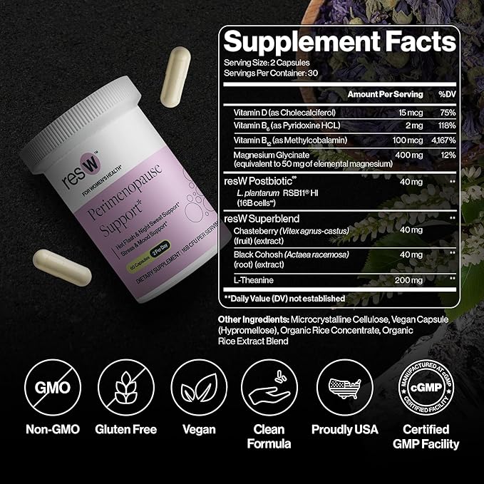 resW Perimenopause Postbiotic Supplement for Women - Hot Flash Support Night Sweat Relief Hormone Free Vegan Gluten Free Non GMO Plant Based Gut Health Support - 60 Capsules