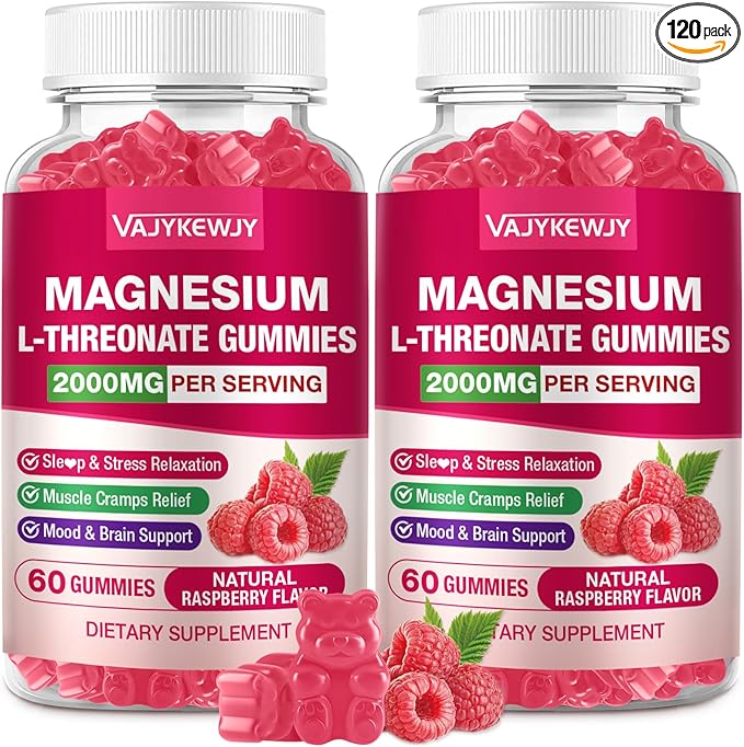 2 Pack Magnesium L-Threonate Gummies - 2000mg for Brain Muscle &amp Nervous System Support. Sugar-Free Raspberry Flavor 120 Count for Kids &amp Adults