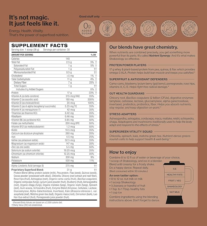 Shakeology 0g Added Sugar Whey Protein Powder Blend Gluten-Free Shake with Vitamins and Minerals – Helps Support Healthy Weight Loss Lean Muscle Gut Health – Chocolate 30 Servings