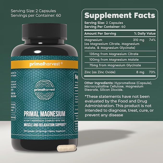 Primal Harvest Magnesium Supplement Complex 310mg by Primal Harvest with Magnesium Glycinate Citrate Malate and Zinc 2 Pack 240 Capsules