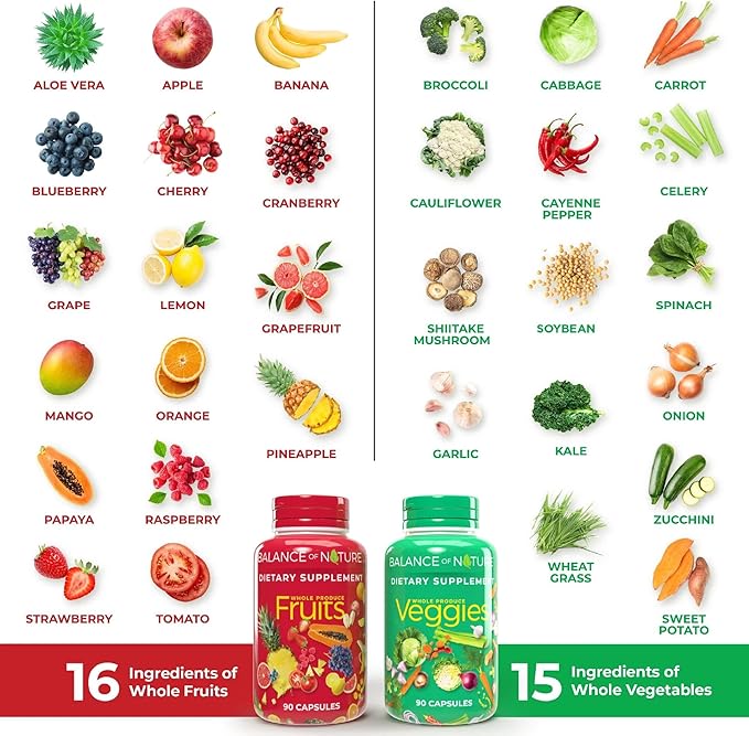 Balance of Nature Fruits &amp Veggies Supplements - Whole Fruit and Vegetable Ingredients for Women Men and Kids - 90 Fruits Capsules 90 Veggies Capsules - 2 Sets