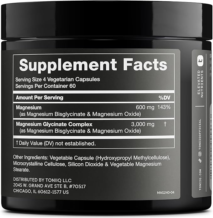 Toniiq 3000mg Ultra High Strength Magnesium Glycinate - 20% Purified to Contain 600mg of Elemental Magnesium - Chelated and Bioavailable Magnesium Supplement - 240 Veggie Capsules