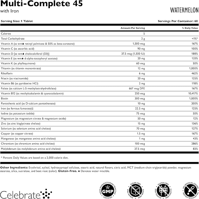 Celebrate Vitamins Multi-Complete Chewables 45mg Iron – Daily Bariatric Multivitamin for Sleeve Gastrectomy and Gastric Bypass Surgery Patients – Essential Vitamins &amp Minerals - Melon (180 Tablet