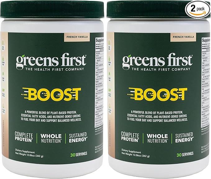 Greens First Boost - Plant-Based Protein &amp Balanced Nutrition - Superfood Shake Mix - No Wheat or Soy - Dairy-Free - Vegan - French Vanilla 12.06 oz. (Pack of 2)