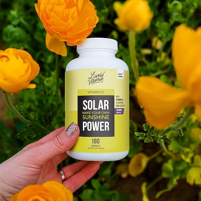 LIVELY VITAMIN CO. Solar Power Vitamin D3 5000 iu - Patented Vitamin K - MK7 - Immune Balance - Brain Function - Mood - Heart - Stress - 60 Count