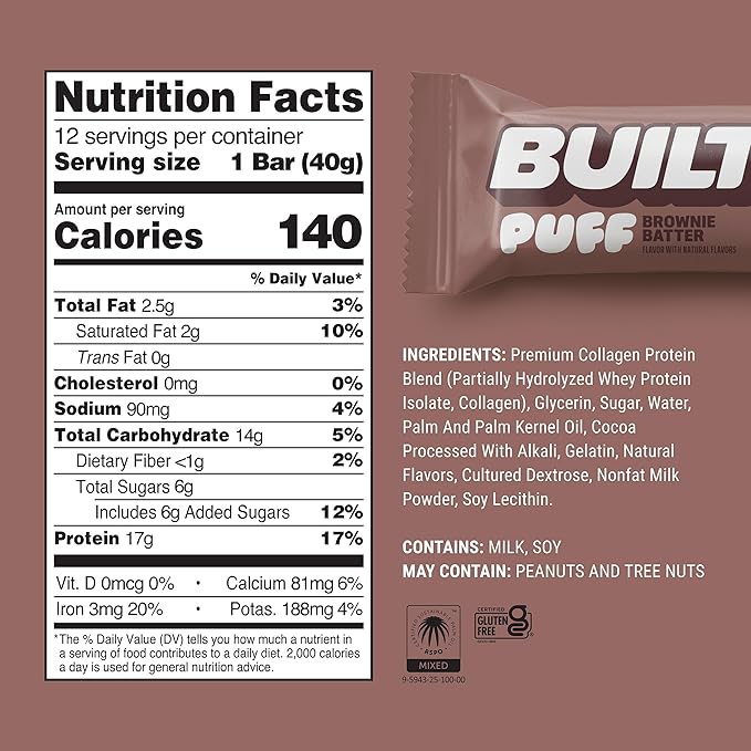 BUILT Bar Puff Protein Bars - Brownie Batter - 17g Protein Snack Bars with Collagen - Calorie Conscious &amp Gluten Free - 12 Count