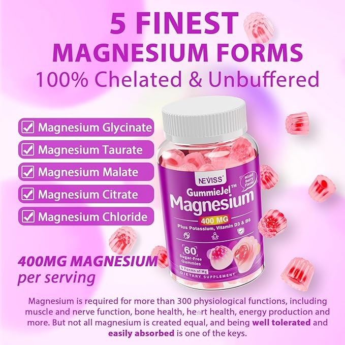 Sugar-Free Magnesium Gummies 400mg | 5-in-1 Complex Magnesium: Glycinate Citrate Malate Chloride &amp Taurate | with Ashwagandha Vitamin D3 &amp Zinc | Calm Mood &amp Energy Support | Vegan 2