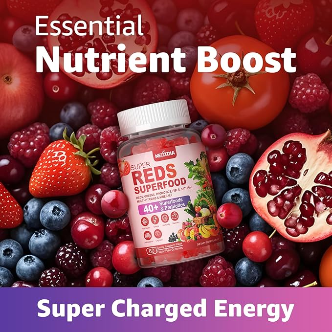 Super Reds Gummies Fruit and Veggie Supplement w/40+ Superfoods Polyphenol Fruits Berries Super Greens Beet Root Powder Alternative Support Energy Antioxidants Gut Health Immunity 60Cts