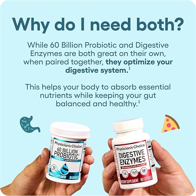 Physician's CHOICE Advanced Gut Health Bundle: 60 Billion Probiotics 30ct + Digestive Enzymes 60ct for Digestive Gut and Immune Health Supports Occasional Constipation Diarrhea Gas and Bloating